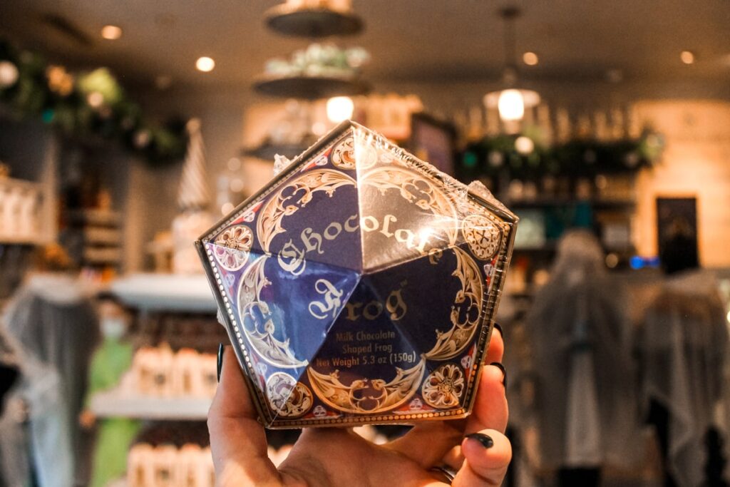 hand holding a chocolate frog candy box inside of store in Harry Potter World