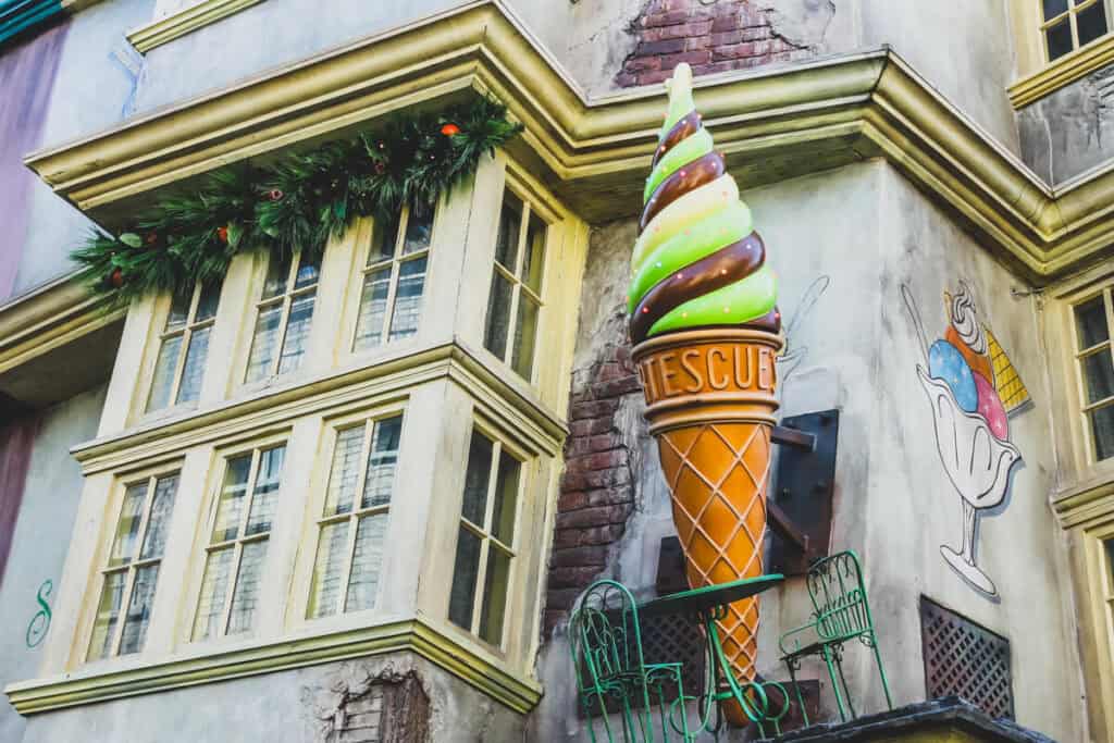 fake ice cream in front of a building. This is the Florean Fortescue Ice cream parlor in Diagon Alley