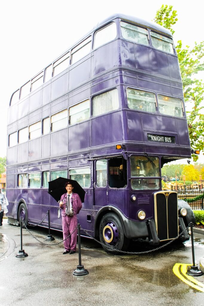 Purple Knight Bus in Front of Diagon Alley in Universal