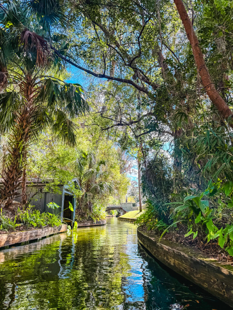cenic canal in Winter Park Florida lined with tropical plants and palms with calm green water reflecting trees as the waterway curves toward a small bridge.