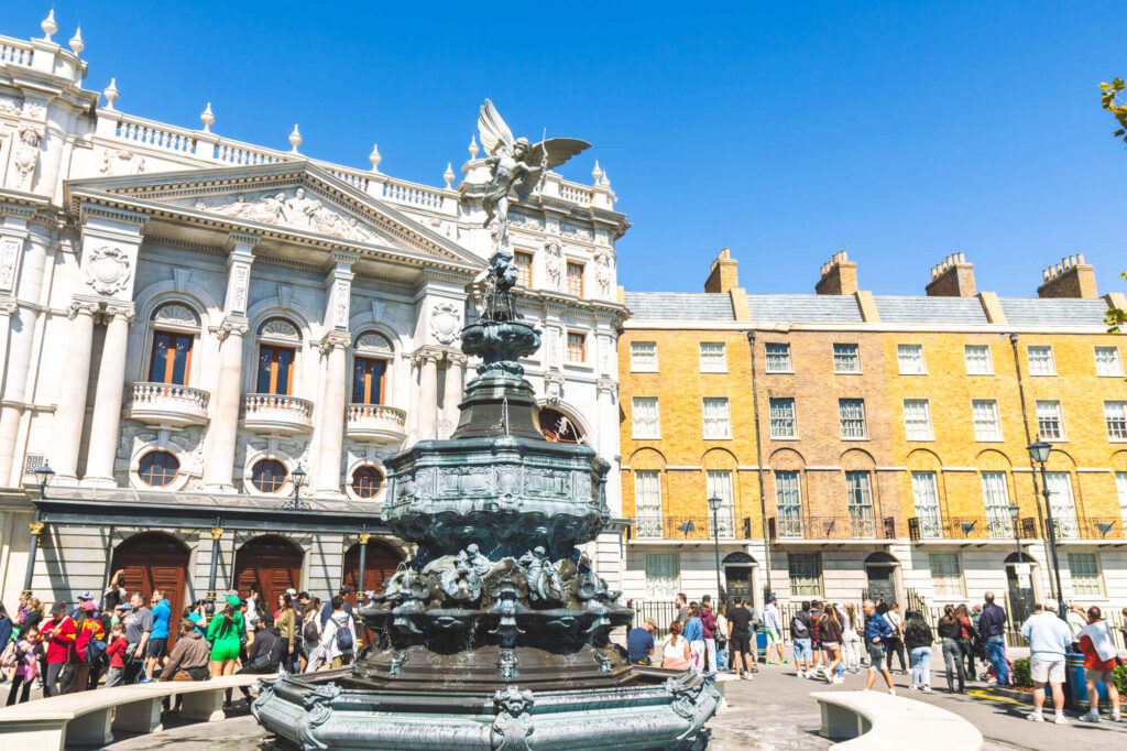 Fountain of Eros and building facades behind it inside Universal Studios resort