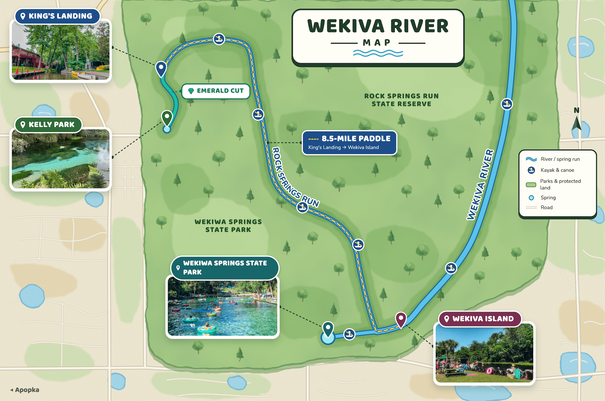 map showing the Wekiva Springs area, including call outs for Wekiva Island, Wekiva Springs State Park, King's Landing, and Kelly Park. There is also a few rivers on the map, including the 8.5-mile paddle between King's Landing and Wekiva Island.