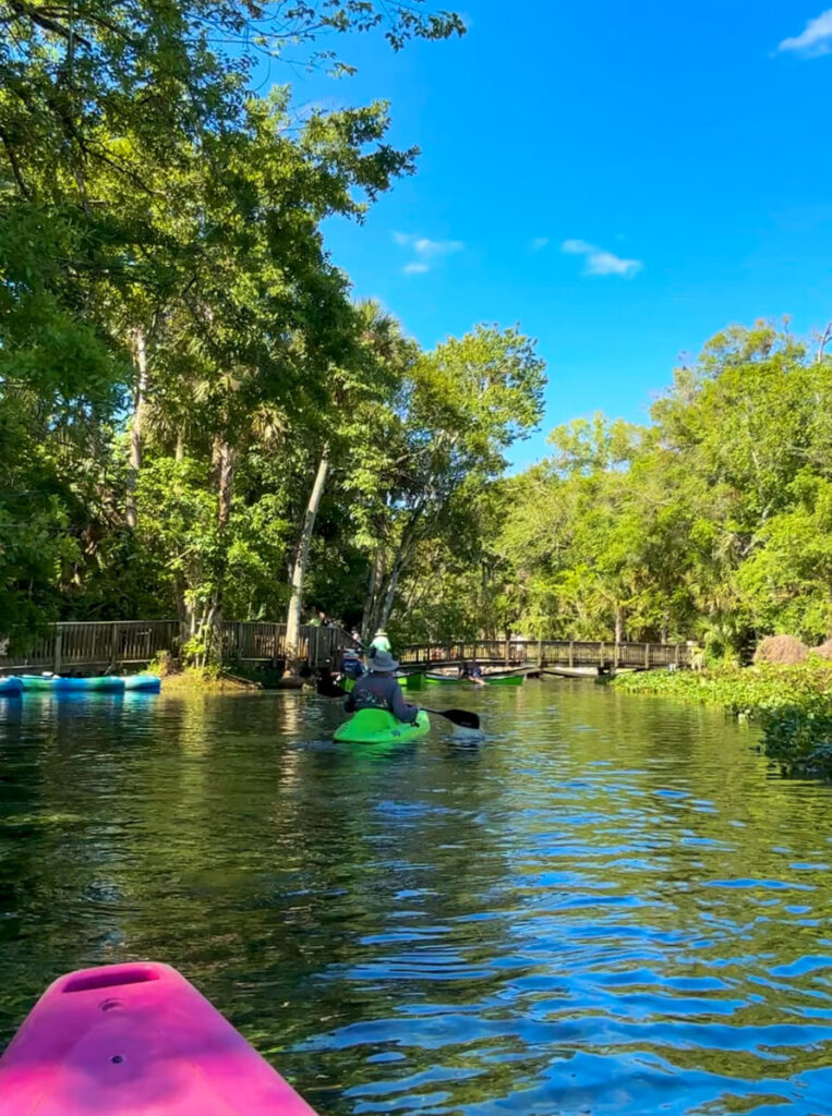 Kayakers paddling toward the wooden footbridge at Wekiwa Springs State Park, seen from a pink kayak