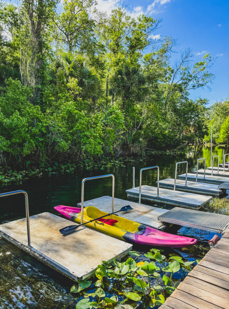 Pink and yellow rental kayak at the floating launch dock on the Wekiva River at Wekiva Island